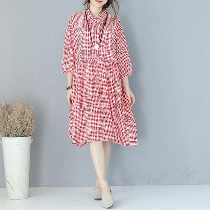 Stylish Red Plaid Cotton Dresses Traveling Clothing Lapel Collar Bracelet Sleeved Cotton Dress
