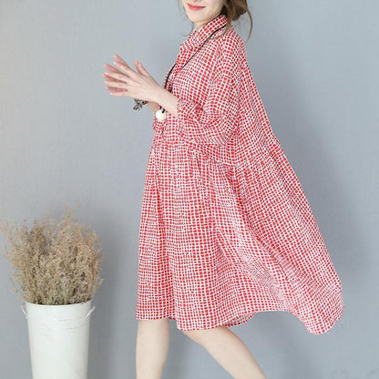 Stylish Red Plaid Cotton Dresses Traveling Clothing Lapel Collar Bracelet Sleeved Cotton Dress