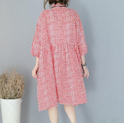 Stylish Red Plaid Cotton Dresses Traveling Clothing Lapel Collar Bracelet Sleeved Cotton Dress
