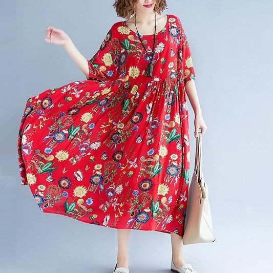 Stylish Red Print Long Cotton Linen Dresses Short Sleeve Baggy Dresses Gown O Neck Gown