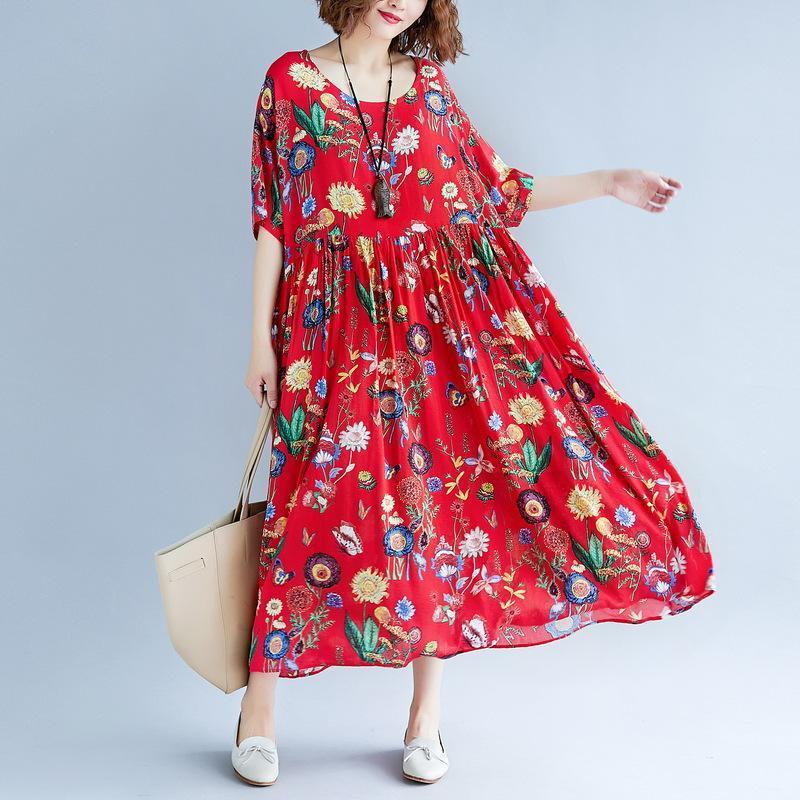 Stylish Red Print Long Cotton Linen Dresses Short Sleeve Baggy Dresses Gown O Neck Gown