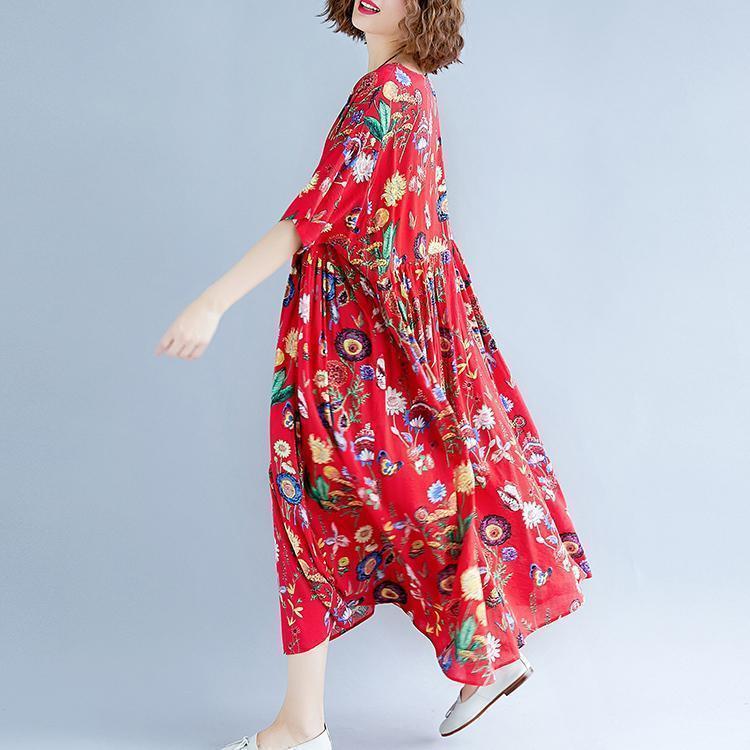 Stylish Red Print Long Cotton Linen Dresses Short Sleeve Baggy Dresses Gown O Neck Gown
