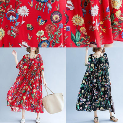 Stylish Red Print Long Cotton Linen Dresses Short Sleeve Baggy Dresses Gown O Neck Gown