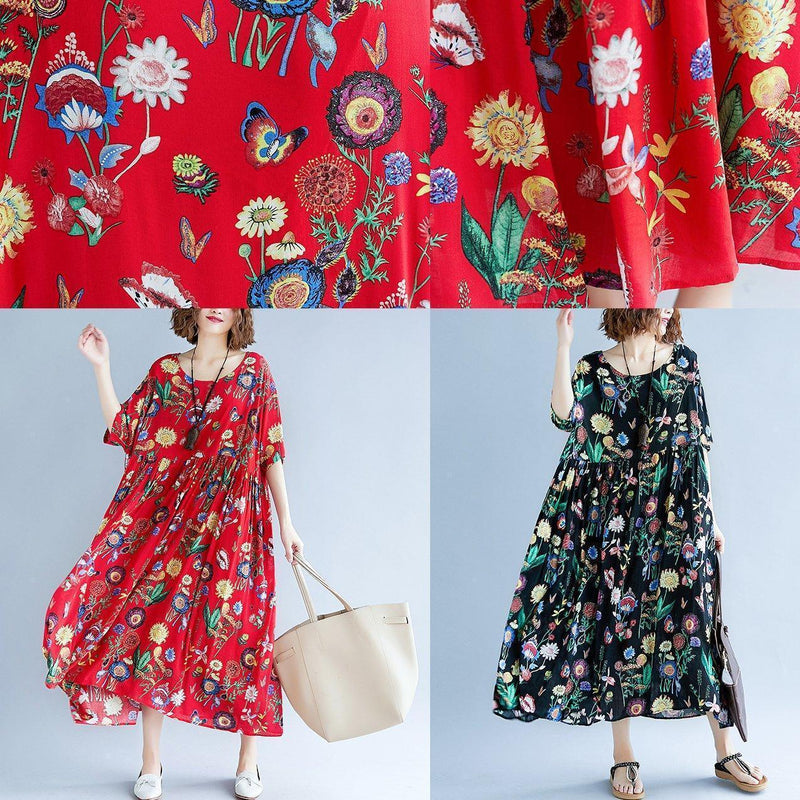 Stylish Red Print Long Cotton Linen Dresses Short Sleeve Baggy Dresses Gown O Neck Gown