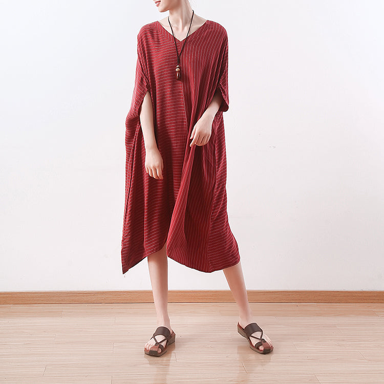 Stylish Red Silk Dresses Asymmetric Patchwork Striped Silk Gown Fine V Neck Silk Caftans
