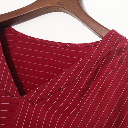 Stylish Red Silk Dresses Asymmetric Patchwork Striped Silk Gown Fine V Neck Silk Caftans