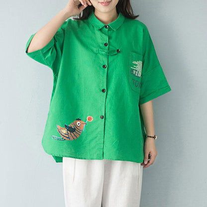 Stylish Summer Cotton Tops Polo Collar Single Breasted 12 Sleeve Green Blouse