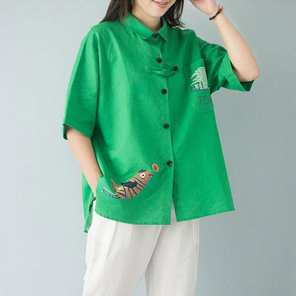 Stylish Summer Cotton Tops Polo Collar Single Breasted 12 Sleeve Green Blouse