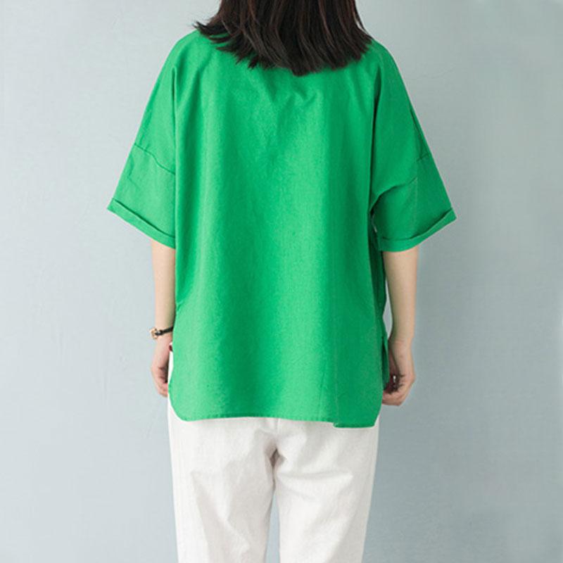 Stylish Summer Cotton Tops Polo Collar Single Breasted 12 Sleeve Green Blouse