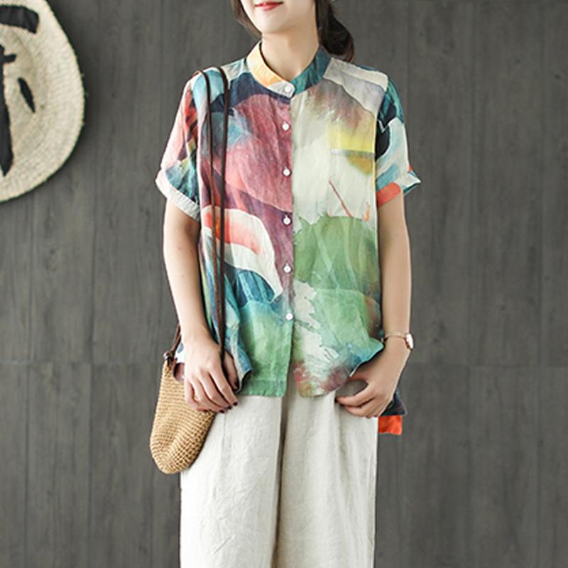 Stylish Summer Linen Blended Tops Loose Multicolor Stand Collar Blouse