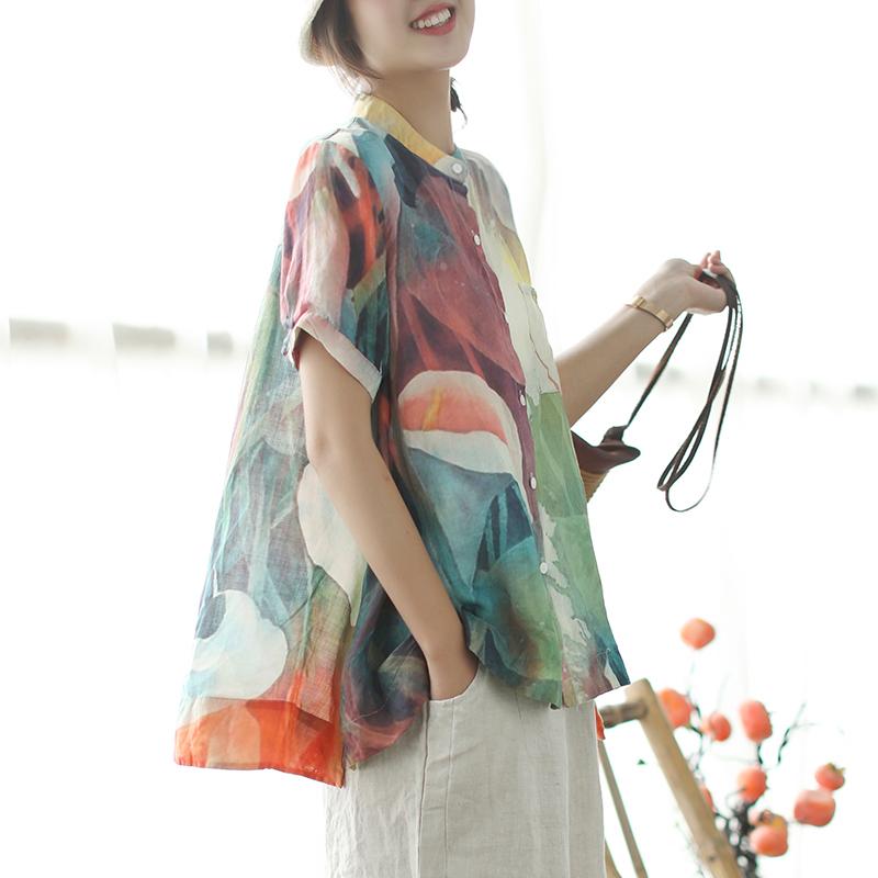 Stylish Summer Linen Blended Tops Loose Multicolor Stand Collar Blouse