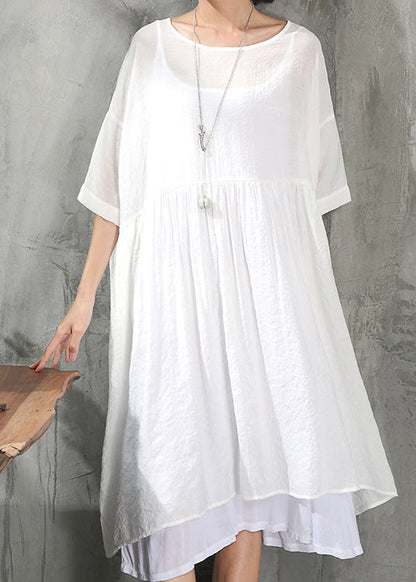 Stylish White Cotton Dress Clothing Cotton Dress New Short Sleeve Baggy Dresses O Neck Cotton Dress