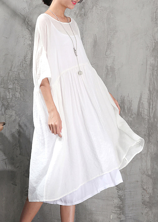 Stylish White Cotton Dress Clothing Cotton Dress New Short Sleeve Baggy Dresses O Neck Cotton Dress