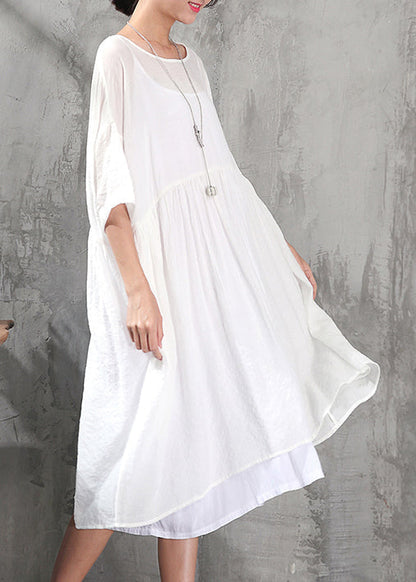 Stylish White Cotton Dress Clothing Cotton Dress New Short Sleeve Baggy Dresses O Neck Cotton Dress