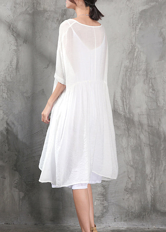 Stylish White Cotton Dress Clothing Cotton Dress New Short Sleeve Baggy Dresses O Neck Cotton Dress