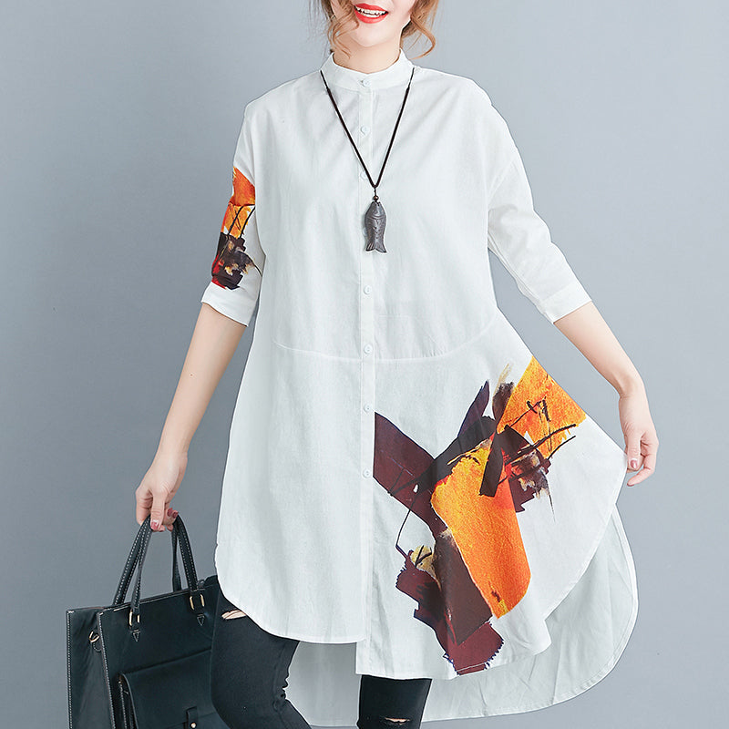Stylish White Cotton Linen Shift Tops Half Sleeve Print Stand Natural Cotton Linen Tops