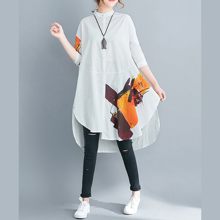 Stylish White Cotton Linen Shift Tops Half Sleeve Print Stand Natural Cotton Linen Tops