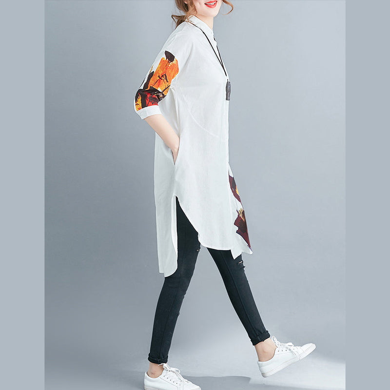 Stylish White Cotton Linen Shift Tops Half Sleeve Print Stand Natural Cotton Linen Tops