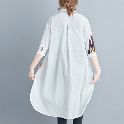 Stylish White Cotton Linen Shift Tops Half Sleeve Print Stand Natural Cotton Linen Tops