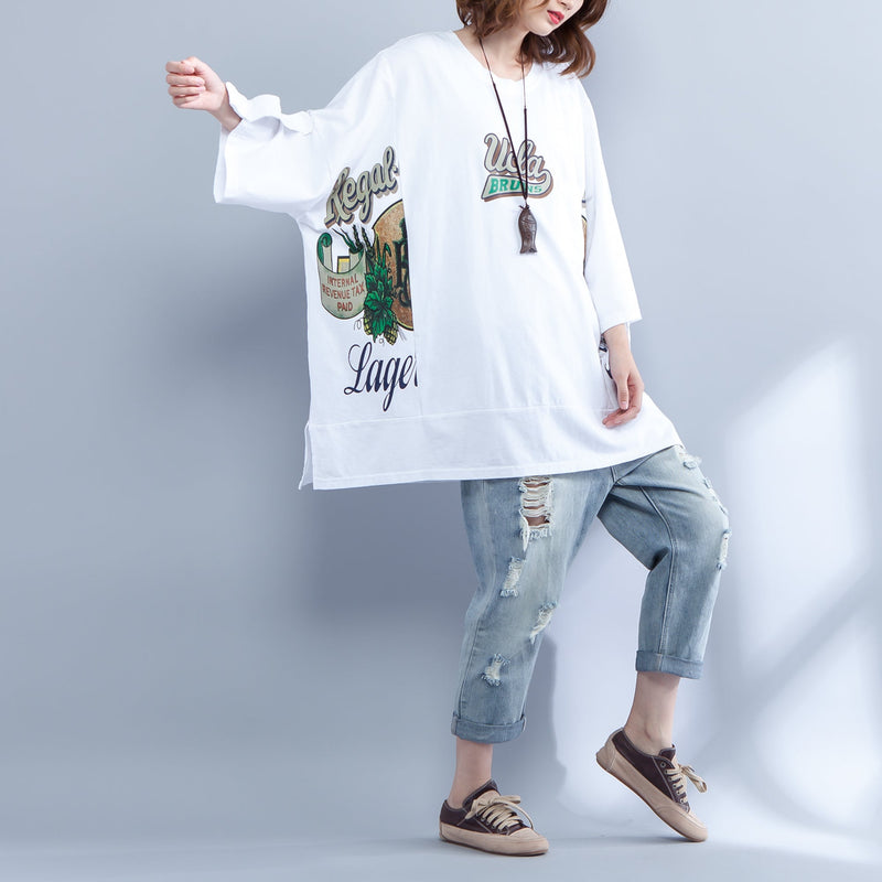 Stylish White Cotton Waist Coat Cotton Maxi T Shirts Print Side Open Alf Sleeve Baggy Tops Cotton Shirts