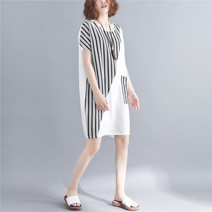Stylish White Natural Cotton Dress Oversize Maxi Dress Short Sleeve Patchwork O Neck Dress