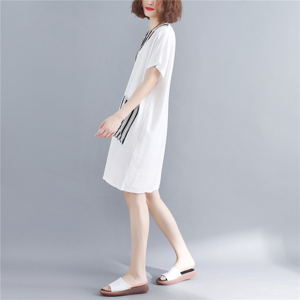 Stylish White Natural Cotton Dress Oversize Maxi Dress Short Sleeve Patchwork O Neck Dress