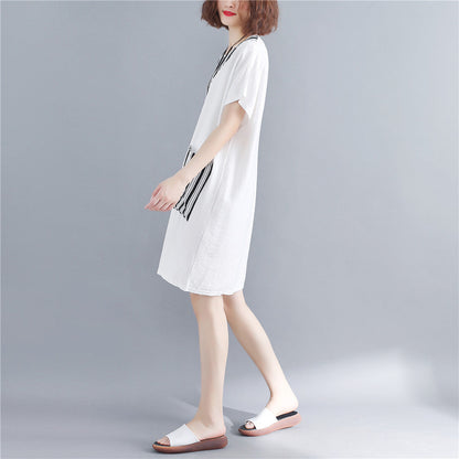 Stylish White Natural Cotton Dress Oversize Maxi Dress Short Sleeve Patchwork O Neck Dress