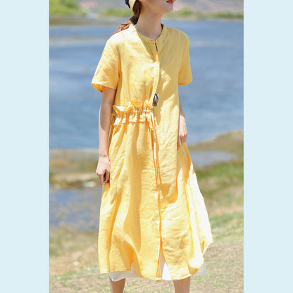 Stylish Yellow Linen Dress Clothing Stand Drawstring Linen Clothing Dresses Short Sleeve Dresses