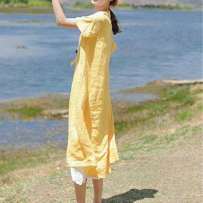 Stylish Yellow Linen Dress Clothing Stand Drawstring Linen Clothing Dresses Short Sleeve Dresses