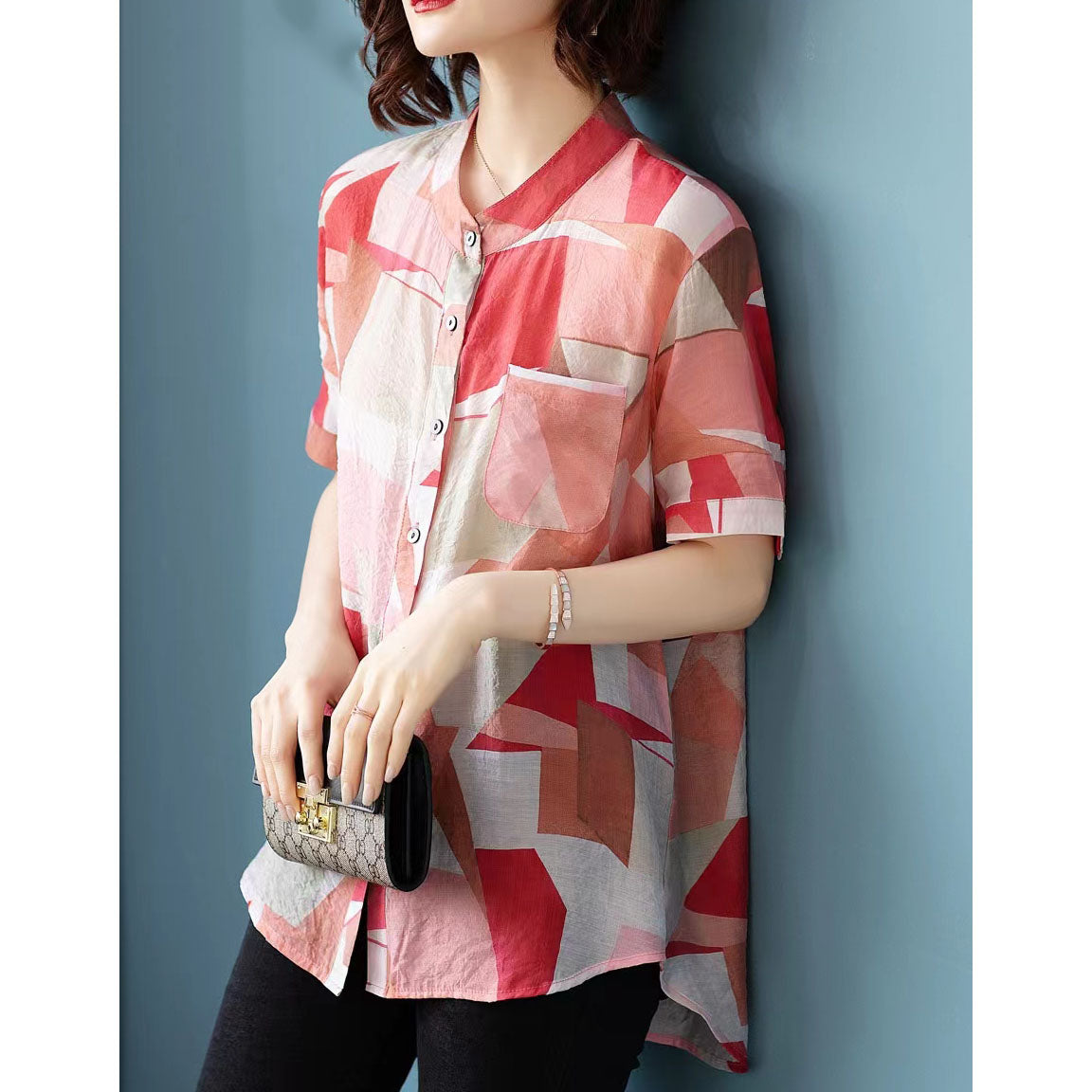 Stylish Midi Cotton Blend Pullovercasual Cotton Blend Clothing Tops Shirt Collar Short Sleeve Clothing