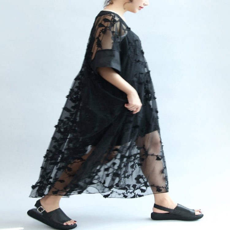 Summer Black Embroidery Lace Dresses Maxi Dress