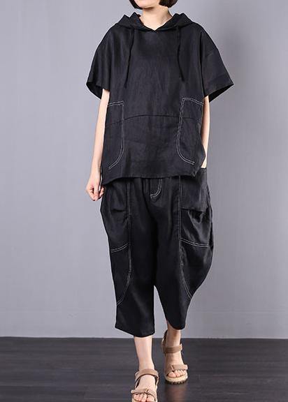 Summer Black Linen Two Pieces Hooded Blouse With Harem Pants