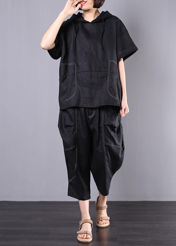 Summer Black Linen Two Pieces Hooded Blouse With Harem Pants