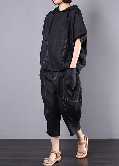 Summer Black Linen Two Pieces Hooded Blouse With Harem Pants