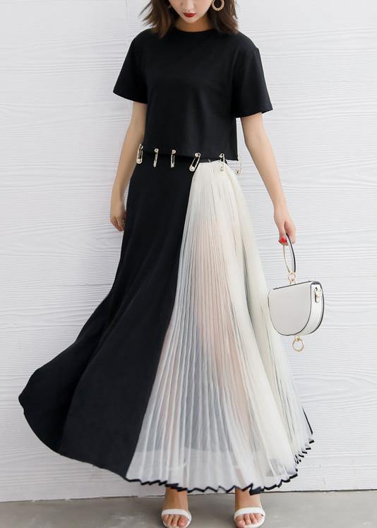 Summer Black Chiffon Maxi Skirts Patchwork Nets Yarn Beach Skirts