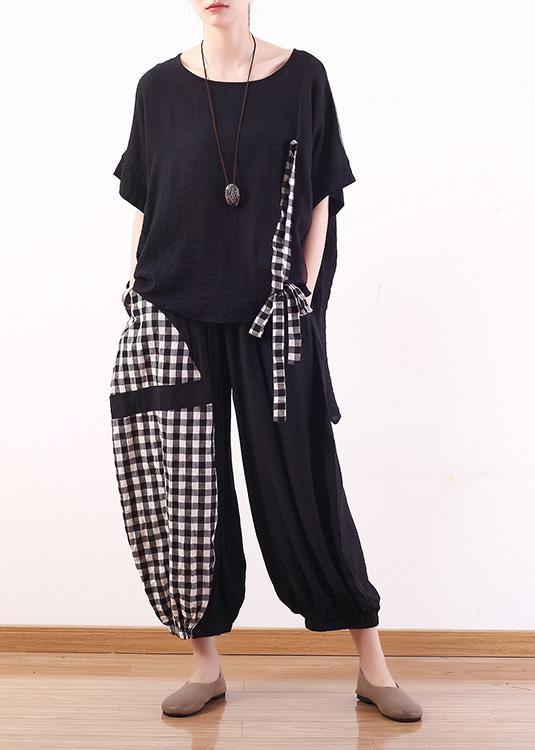 Summer Black Cotton Linen Short Sleeve Tops and Patchwork Plaid Harem Pants