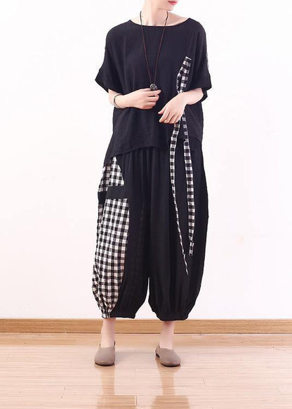 Summer Black Cotton Linen Short Sleeve Tops and Patchwork Plaid Harem Pants