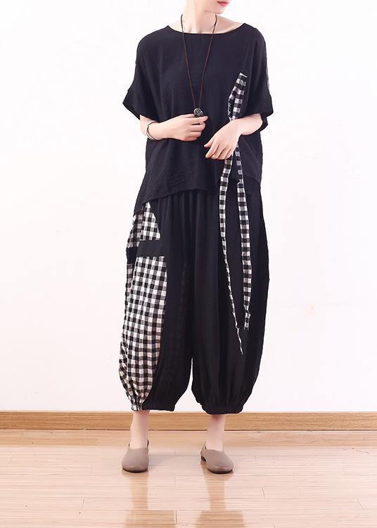 Summer Black Cotton Linen Short Sleeve Tops and Patchwork Plaid Harem Pants
