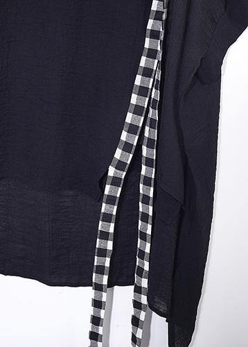 Summer Black Cotton Linen Short Sleeve Tops and Patchwork Plaid Harem Pants