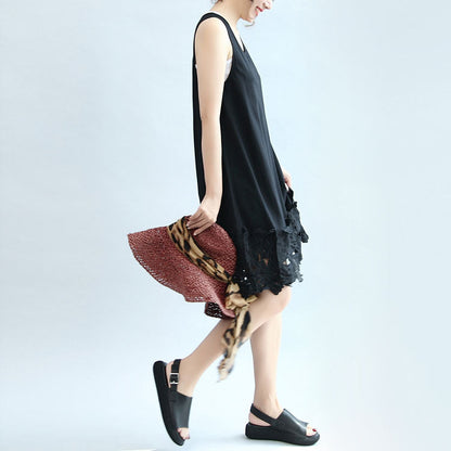 Summer Black Stylish Cotton Sundress Oversize Dresses O Neck Maxi Dress