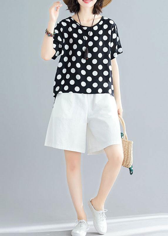 Summer Blended Two Pieces Black Dotted Tops and White Shorts