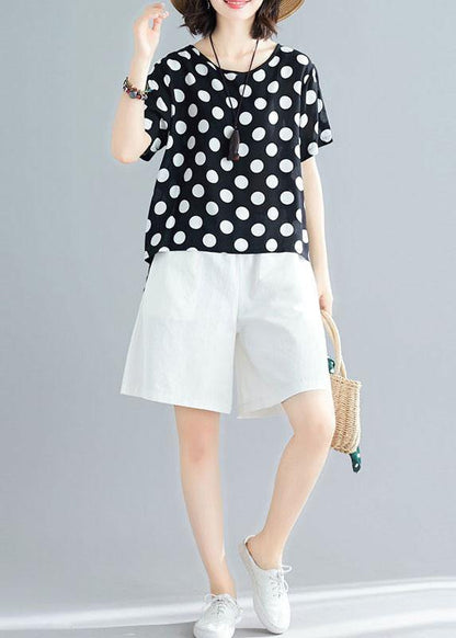 Summer Blended Two Pieces Black Dotted Tops and White Shorts