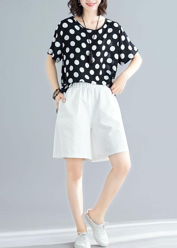 Summer Blended Two Pieces Black Dotted Tops and White Shorts