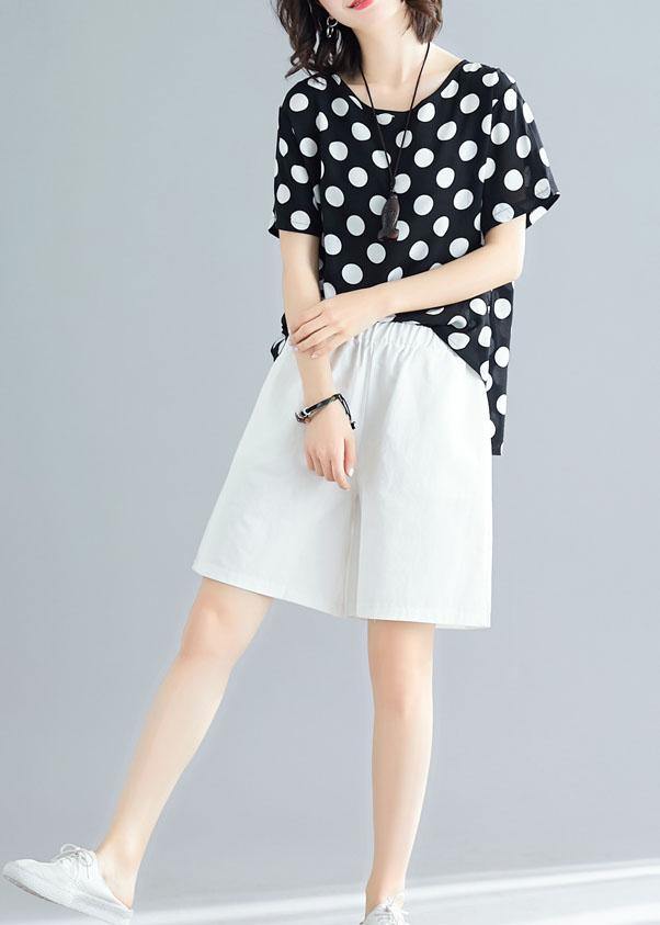 Summer Blended Two Pieces Black Dotted Tops and White Shorts