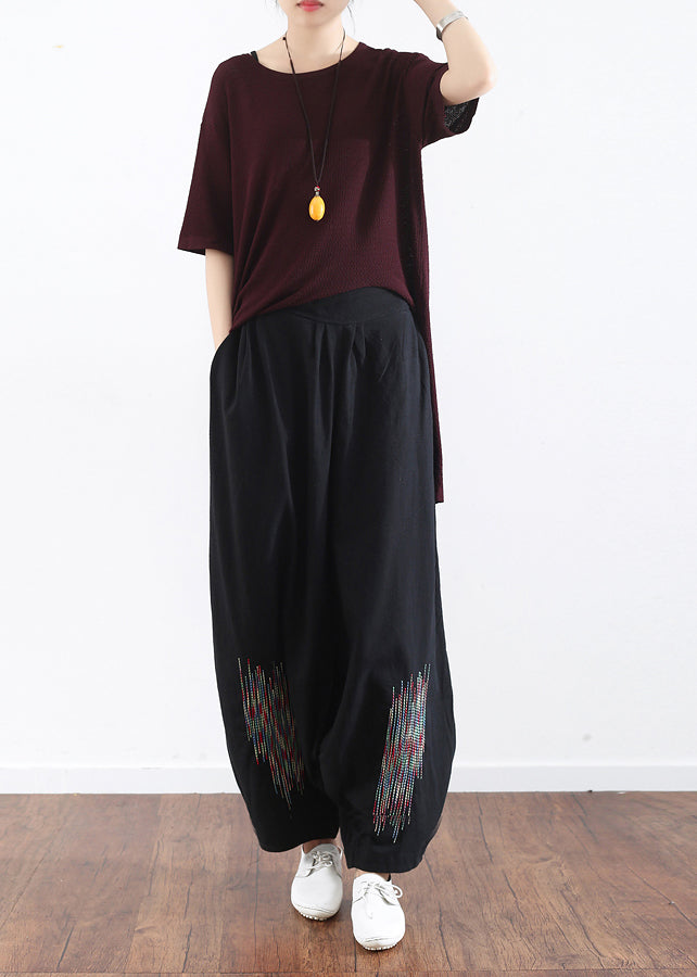 Summer Black Embroidery Cotton Linen Traveling Pants Loose Wide Leg Pant