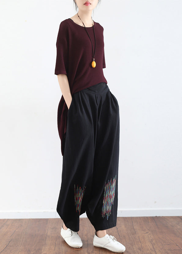 Summer Black Embroidery Cotton Linen Traveling Pants Loose Wide Leg Pant