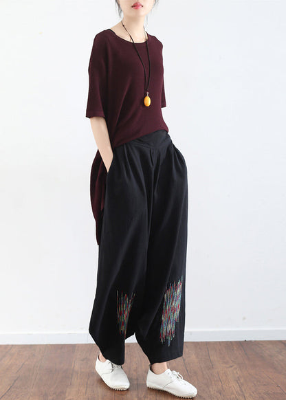 Summer Black Embroidery Cotton Linen Traveling Pants Loose Wide Leg Pant