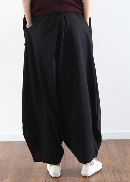 Summer Black Embroidery Cotton Linen Traveling Pants Loose Wide Leg Pant