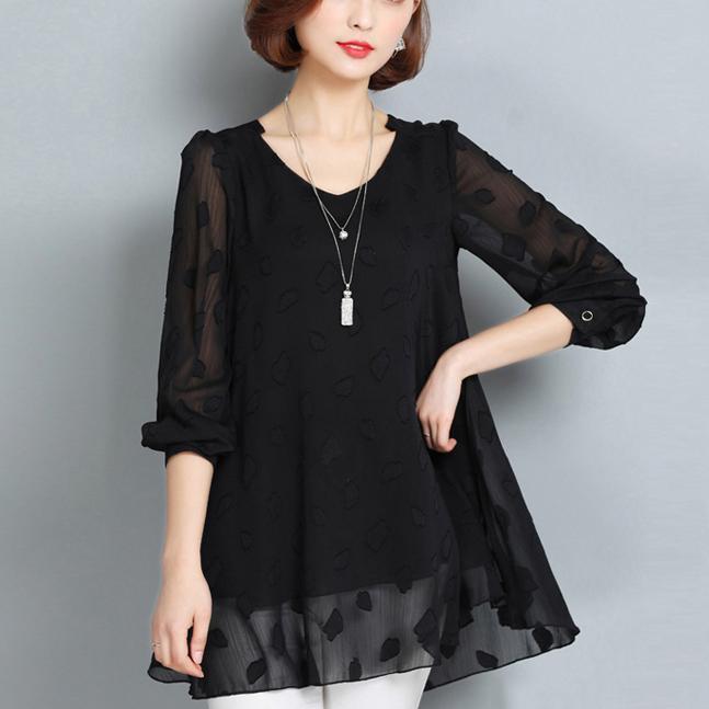 Summer Black Lace T Shirt Loose Long Sleeve Tops