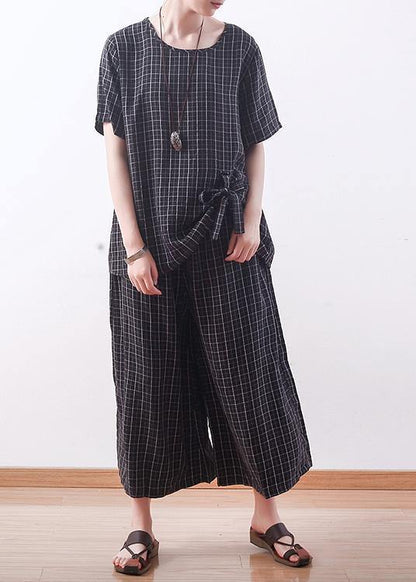 Summer Black Plaid Silk Loose T Shirt With Wide Leg Pants Two Pieces
